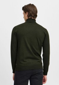 Pull à col roulé vert foncé en tissu doux, avec un design ajusté, des poignets et un ourlet côtelés, vu de dos.