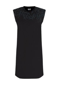 Abito nero senza maniche con un design a stampa leopardata sulle spalle. Realizzato in un tessuto morbido, presenta una linea dritta e un collo rotondo.