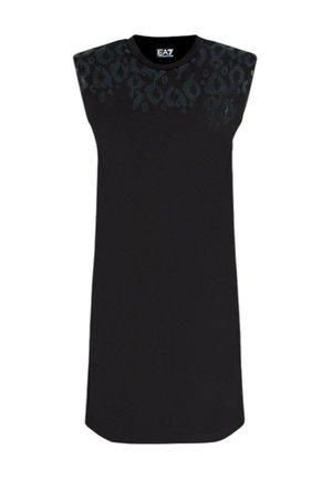 Abito nero senza maniche con un design a stampa leopardata sulle spalle. Realizzato in un tessuto morbido, presenta una linea dritta e un collo rotondo.