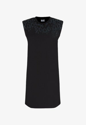 Abito nero senza maniche con un design a stampa leopardata sulle spalle. Realizzato in un tessuto morbido, presenta una linea dritta e un collo rotondo.