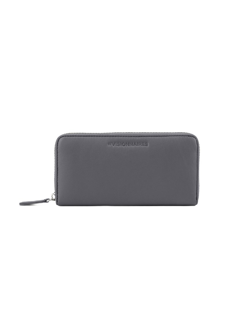 Gray leather wallet with a zip closure, featuring a smooth texture and embossed logo on the front. Minimalistic rectangular design.