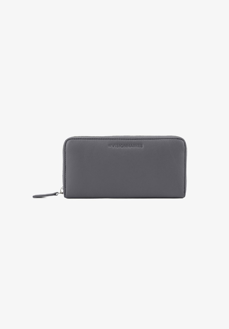Gray leather wallet with a zip closure, featuring a smooth texture and embossed logo on the front. Minimalistic rectangular design.