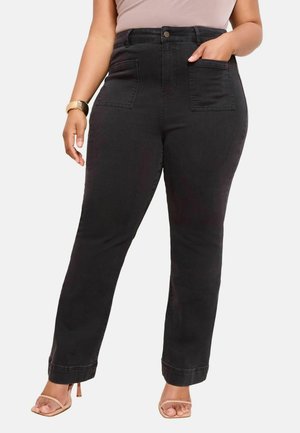 Jean noir taille haute avec une coupe slim, dotés de deux poches avant, d'une fermeture à bouton et d'un design à jambe droite. Texture denim lisse.