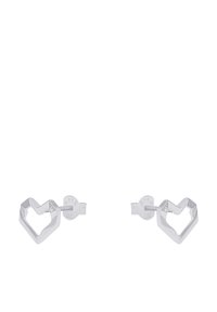 Pendientes de plata en forma de corazón con un acabado pulido y un diseño geométrico limpio, que cuentan con un cierre trasero seguro.