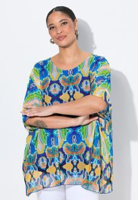 Blusa leggermente trasparente, multicolore, con un vivace motivo floreale nei toni del blu, verde, giallo e arancione; vestibilità ampia e maniche larghe.