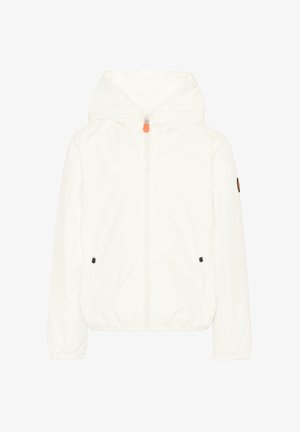 Giacca bianca con cappuccio, cerniera frontale, polsini ed orlo elasticizzati, tasche laterali con zip e una piccola toppa sulla manica sinistra.