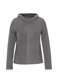 Felpa grigia in pile con zip frontale completa, maniche lunghe e cappuccio foderato. Presenta una texture morbida e un design semplice e minimalista.