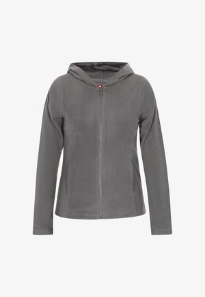 Gray fleece hoodie with a full front zipper, long sleeves, and a lined hood. Features a soft texture and a simple, minimalistic design.