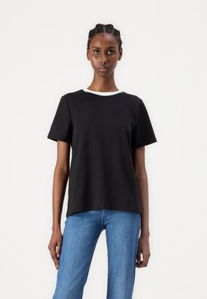 Black short-sleeve T-shirt with a white crew neckline. Made from cotton, it features a straight cut and soft, smooth texture.