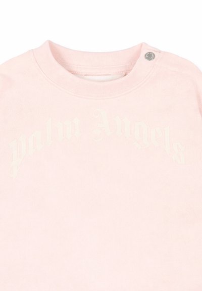 Sweat-shirt rose clair à col rond avec un texte "Palm Angels" légèrement en relief sur la poitrine et un petit bouton-pression argenté près de l'encolure.