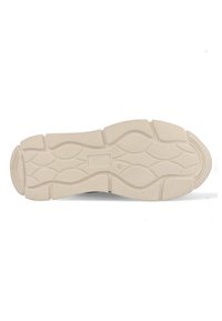 Sole of a sneaker, featuring a textured rubber material in beige with a wave pattern and rounded heel for enhanced grip and comfort.