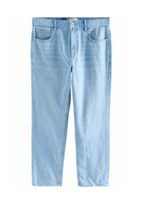 Jeans de mezclilla azul claro con un corte recto, cinco bolsillos y cierre de botón; textura suave con un ligero desgaste en toda su superficie.