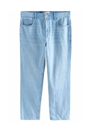Jeans in denim azzurro chiaro con vestibilità dritta, cinque tasche e chiusura a bottone; texture morbida con sfumature sottili in tutto il tessuto.