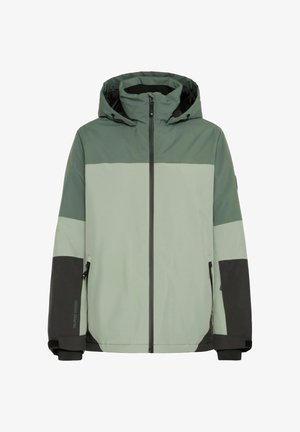 Kapucarjena jakna v svetlo zeleni in temno sivi barvi z zadrgo spredaj, nastavljivimi manšeti in kontrastnimi barvnimi bloki. Narejena iz vremensko odpornega materiala.