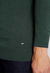 Grüner Strickpullover mit gerippten Bündchen, der ein kleines Metalletikett nahe dem Saum hat. Die Textur ist glatt und die Passform wirkt lässig.