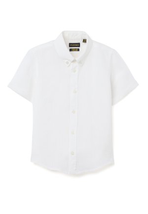 Chemise blanche à manches courtes avec col en pur lin, présentée à plat avec les boutons avant visibles.