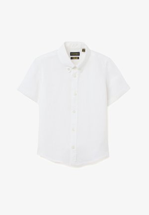 Camisa blanca de manga corta con cuello, hecha de lino puro, mostrada extendida con los botones delanteros visibles.