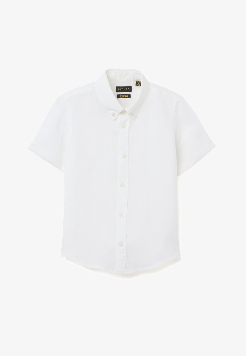 Chemise blanche à manches courtes avec col en pur lin, présentée à plat avec les boutons avant visibles.