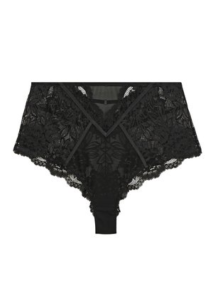 Culotte taille haute en dentelle noire avec motifs floraux, panneaux en tulle transparent et détails en satin sur le devant.