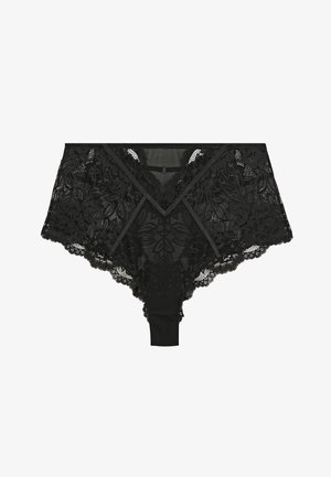Culotte taille haute en dentelle noire avec motifs floraux, panneaux en tulle transparent et détails en satin sur le devant.