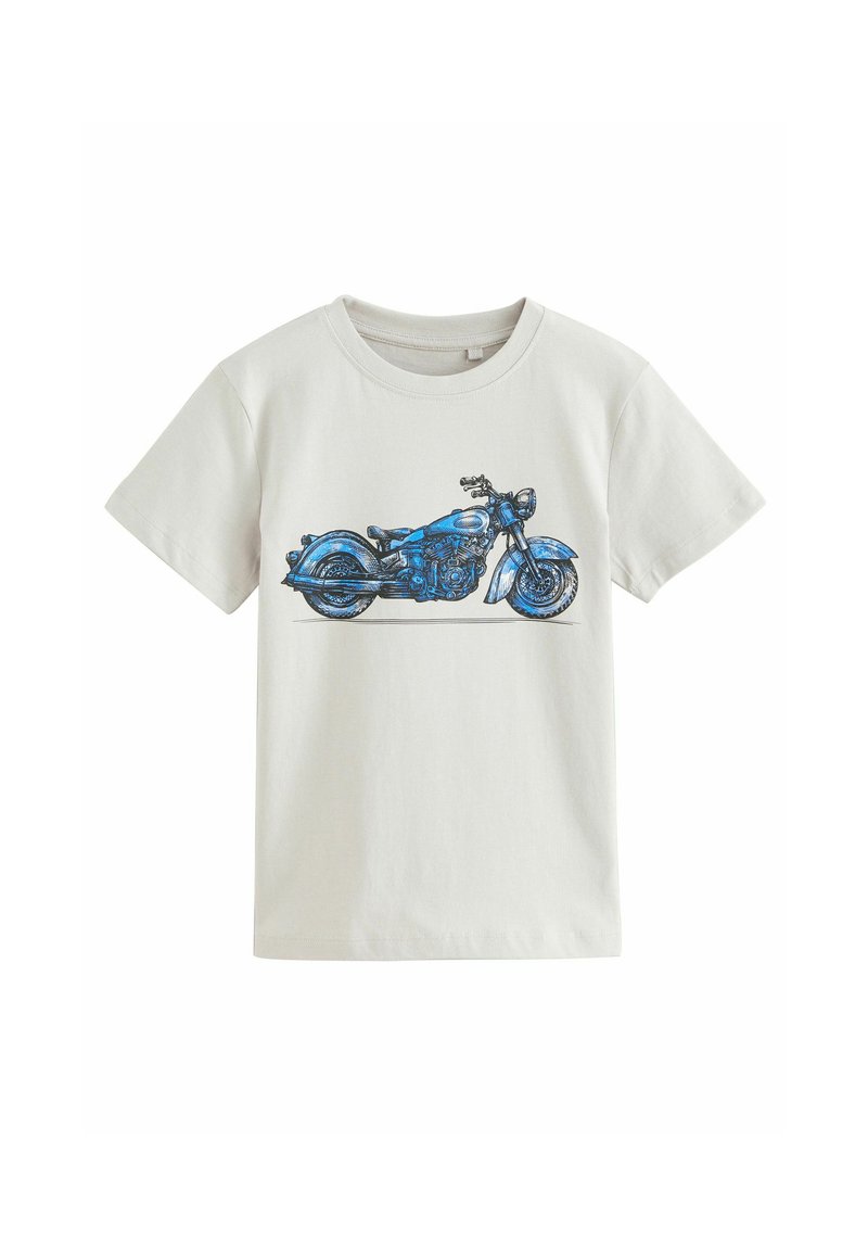 Světle béžové bavlněné tričko s modrou grafikou motocyklu. Krátké rukávy, kulatý výstřih a standardní střih s hladkou texturou.