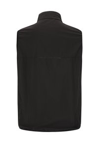 Schwarze ärmellose Weste mit hohem Kragen, aus leichtem, strukturiertem Stoff. Sie hat ein reflektierendes Logo und eine Rückenschlitz-Detailierung.