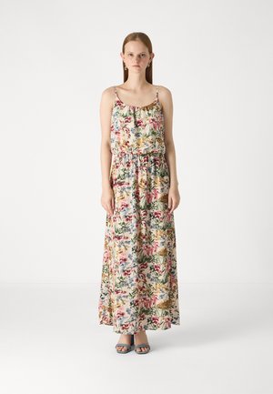 Maxikjole med blomstermønster i forskellige farver, med en tætsiddende talje og tynde stropper. Glat stof, flæse ved udskæringen og en løs silhuet.