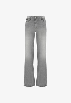 Jeans in denim grigio chiaro a gamba larga con una texture liscia. Presentano cinque tasche e un bottone in vita. Design uniformemente sbiadito.