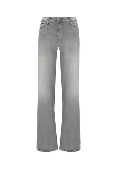 Jeans in denim grigio chiaro a gamba larga con una texture liscia. Presentano cinque tasche e un bottone in vita. Design uniformemente sbiadito.