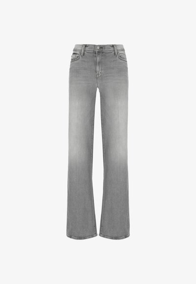 Jeans in denim grigio chiaro a gamba larga con una texture liscia. Presentano cinque tasche e un bottone in vita. Design uniformemente sbiadito.