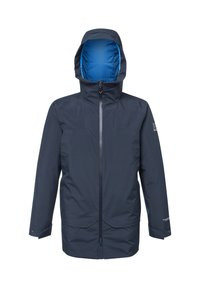 Marineblaue wasserdichte Jacke mit einer blauen isolierten Kapuze, einem Frontreißverschluss und Taschen. Sie zeichnet sich durch ein elegantes Design und langlebigen Stoff für den Einsatz im Freien aus.