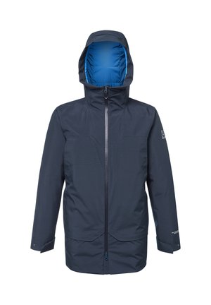 Granatowa wodoodporna kurtka z niebieskim ocieplanym kapturem, zamkiem z przodu i kieszeniami. Charakteryzuje się eleganckim designem i trwałym materiałem do użytku na świeżym powietrzu.
