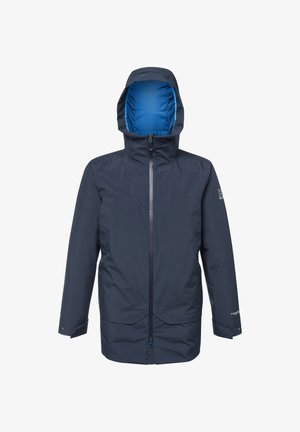 Granatowa wodoodporna kurtka z niebieskim ocieplanym kapturem, zamkiem z przodu i kieszeniami. Charakteryzuje się eleganckim designem i trwałym materiałem do użytku na świeżym powietrzu.