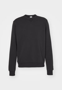 Sudadera negra con mangas largas, puños y dobladillo acanalados, y un diseño de cuello redondo. Elaborada con una tela suave y texturizada de estilo minimalista.