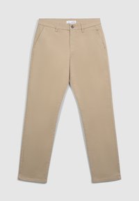 Beżowe spodnie wykonane z bawełnianej tkaniny. Prosta nogawka z bocznymi kieszeniami i pojedynczym zapięciem na guzik z przodu. Gładka tekstura.