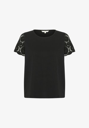Tricou scurt negru cu mâneci din dantelă, textură netedă, guler rotund și o croială lejeră.