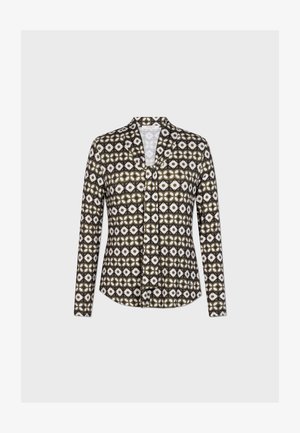 Blusa a maniche lunghe con un motivo geometrico che presenta colori verde scuro, bianco e marrone, con scollatura a V e chiusura con bottoni.