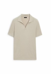 Beige neulepolo, jossa on lyhyet hihat, ribbikuvio ja leveä kaulus. Yksinkertainen muotoilu, suora helma ja mukava istuvuus.