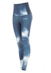 Højtaljede leggings i et blåt og hvidt skydesign, lavet af strækbart stof med en glat tekstur. Inkluderer et logo på taljebåndet.