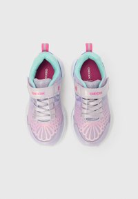 Children's pastel purple and pink sneakers with teal lining, Velcro straps, mesh details, and white soles displayed side by side.
