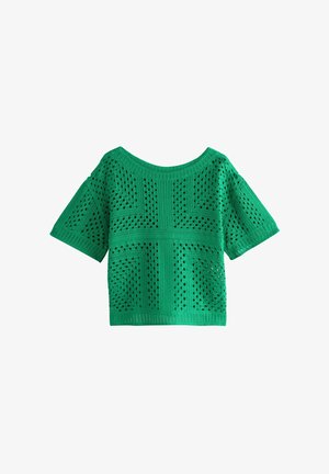 Zaļš, brīvi pieguļošs adīts tops ar plašu izgriezumu, īsām piedurknēm un rakstainu modeli ar maziem caurumiem un režģa dizainu.