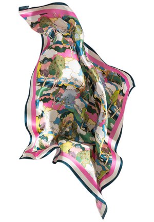 Silk scarf with colorful landscape print featuring trees, clouds, and water, bordered by pink, white, and dark blue stripes.
