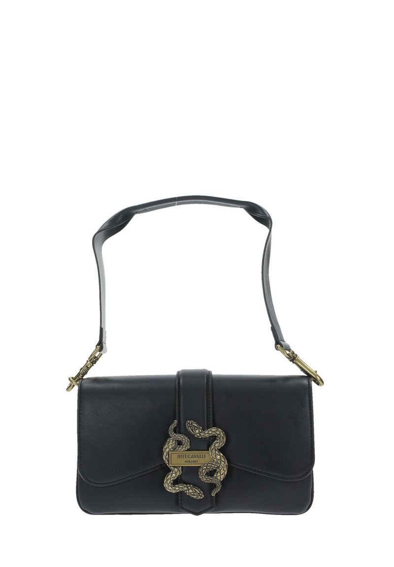 Borsa in pelle nera con chiusura a patta magnetica, caratterizzata da un accento metallico a forma di serpente e una tracolla regolabile. Texture liscia, design strutturato.
