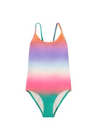Maillot de bain une pièce avec un design dégradé aux couleurs orange, rose, violet et turquoise, avec des bretelles fines et une texture de tissu lisse.