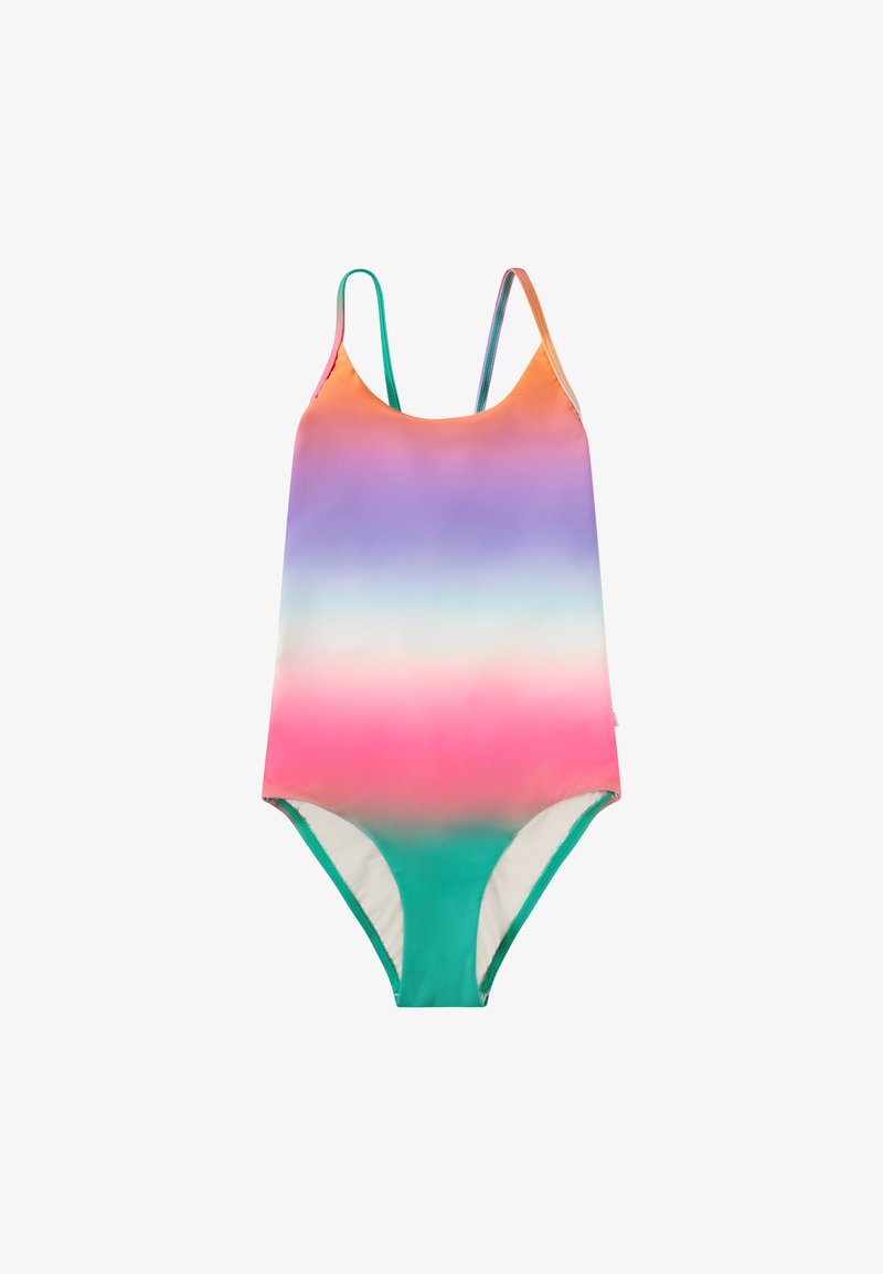 Maillot de bain une pièce avec un design dégradé aux couleurs orange, rose, violet et turquoise, avec des bretelles fines et une texture de tissu lisse.