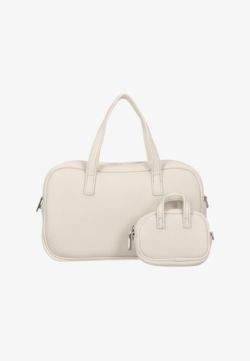 Nagy fehér bőrtáska sima felülettel és két füllel, mellé egy kisebb, hozzáillő táskával felső fogóval. Mindkettőn cipzár található.