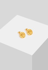 Orecchini rotondi color oro con un design testurizzato caratterizzato da un motivo a stella, bordi lisci e una chiusura a posteriore piatta.