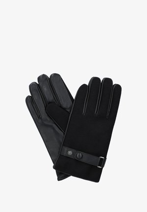 Czarne rękawiczki z połączeniem skóry i teksturowanej tkaniny, pięciopalczaste, z paskiem ozdobionym guzikiem.