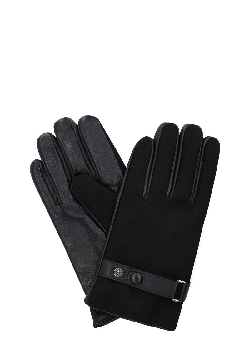 Czarne rękawiczki z połączeniem skóry i teksturowanej tkaniny, pięciopalczaste, z paskiem ozdobionym guzikiem.