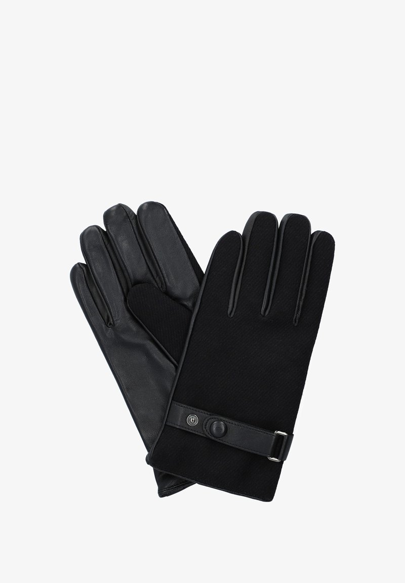 Czarne rękawiczki z połączeniem skóry i teksturowanej tkaniny, pięciopalczaste, z paskiem ozdobionym guzikiem.